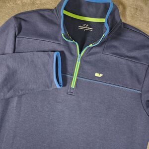 Vineyard Vines Mens Large Navy Blue Lime Green Zip 1/4 Zip Pullover Whale Preppy
